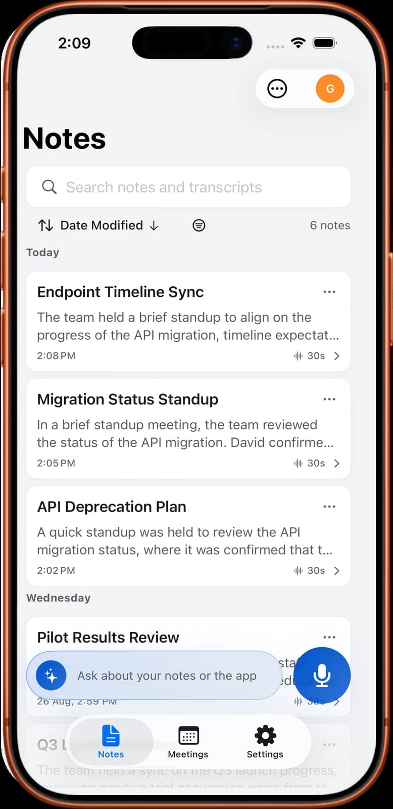 Noter AI notes list on iPhone with recent recorded meetings